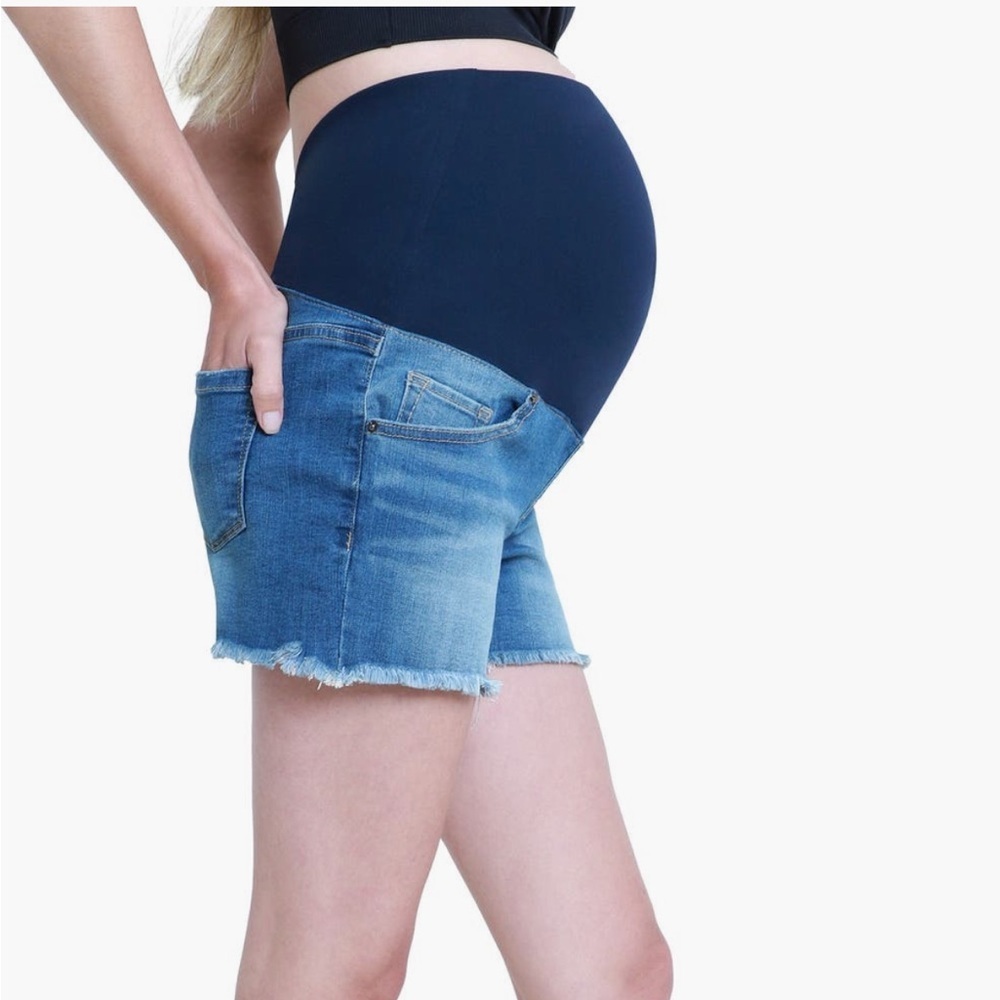 Ingrid & Isabel Over the Bump Cutoff Denim Maternity Shorts - Picture 3 of 8
